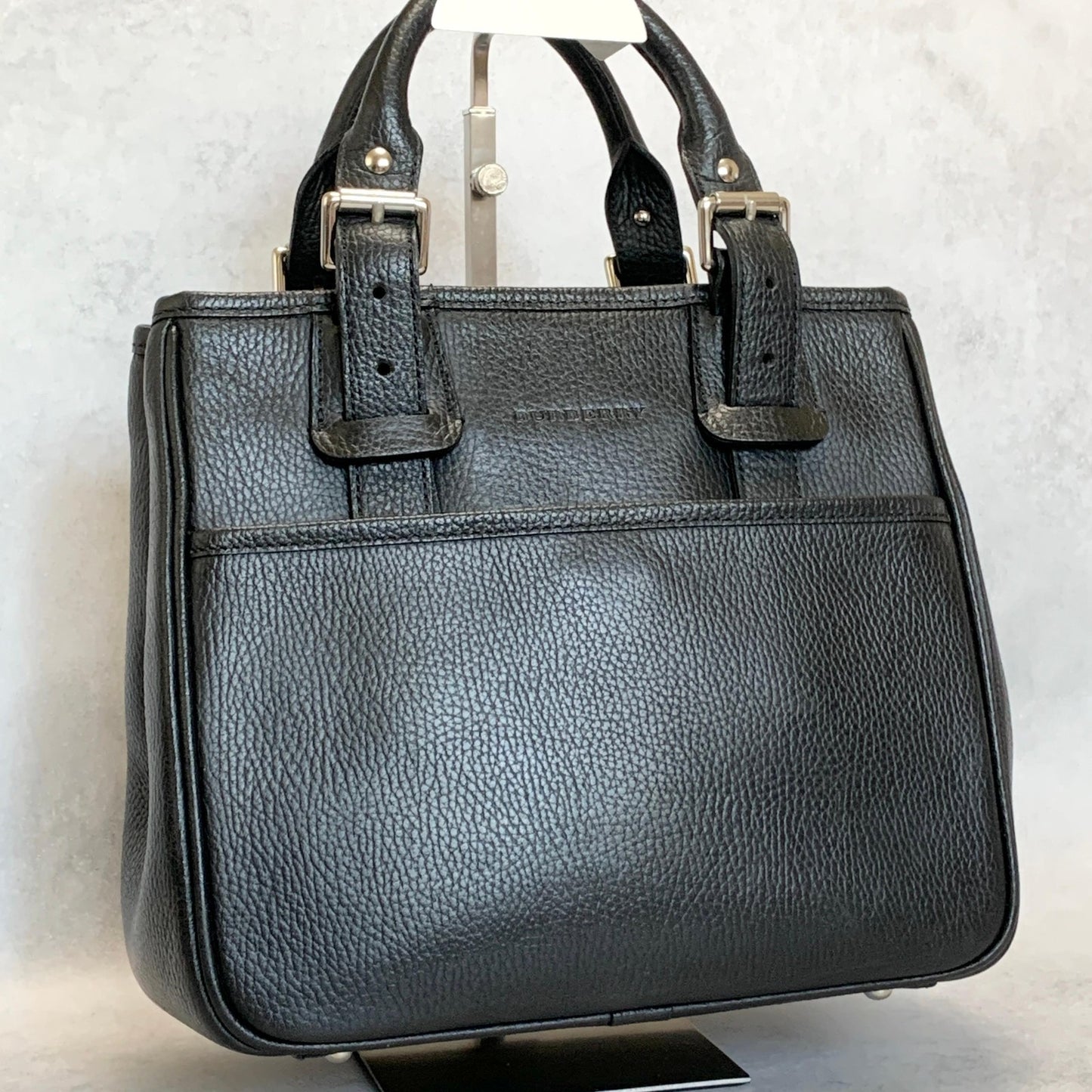 BURBERRY Bag Logo Nova Check Hand Tote Purse Leather Black Gold Used Authentic