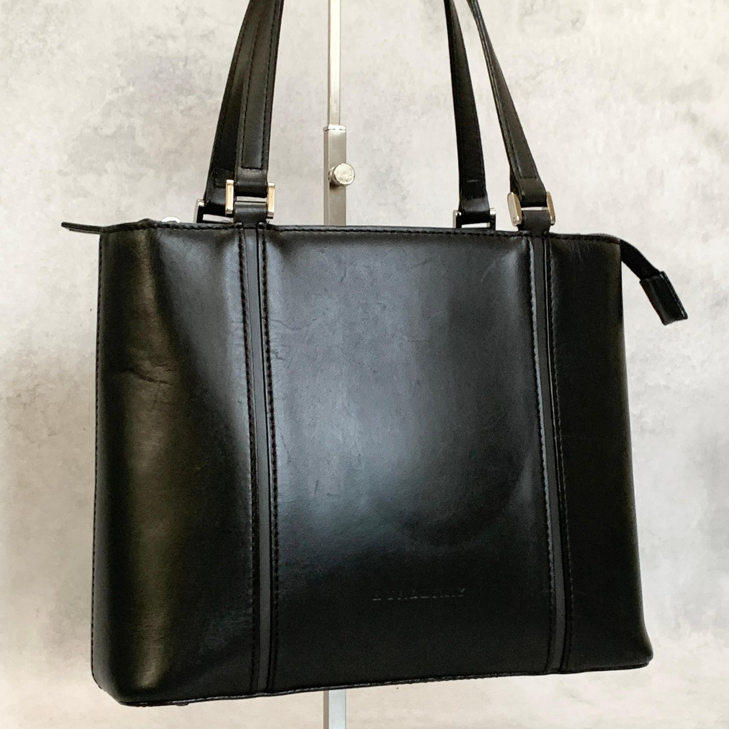 BURBERRY Bag Nova Check Logo Hand Tote Purse Leather Black Silver Authentic