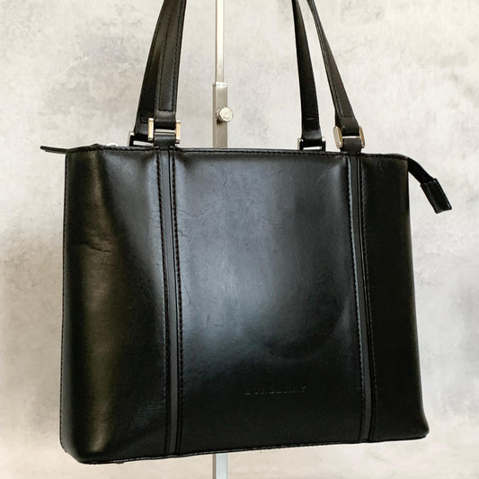 BURBERRY Bag Nova Check Logo Hand Tote Purse Leather Black Silver Authentic