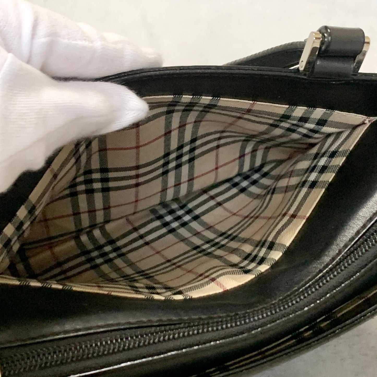 BURBERRY Bag Nova Check Logo Hand Tote Purse Leather Black Silver Authentic