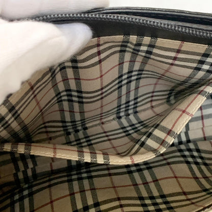 BURBERRY Bag Nova Check Logo Hand Tote Purse Leather Black Silver Authentic
