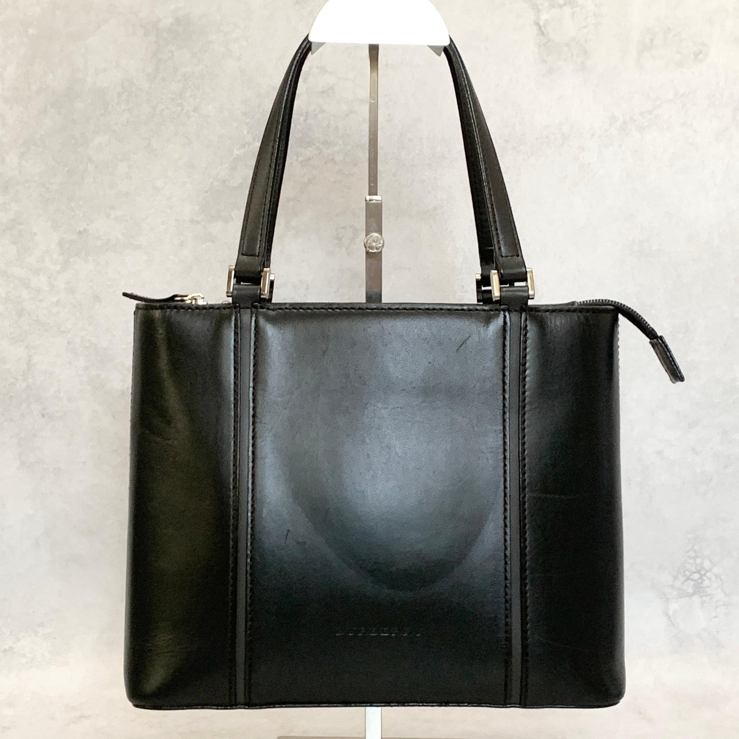 BURBERRY Bag Nova Check Logo Hand Tote Purse Leather Black Silver Authentic