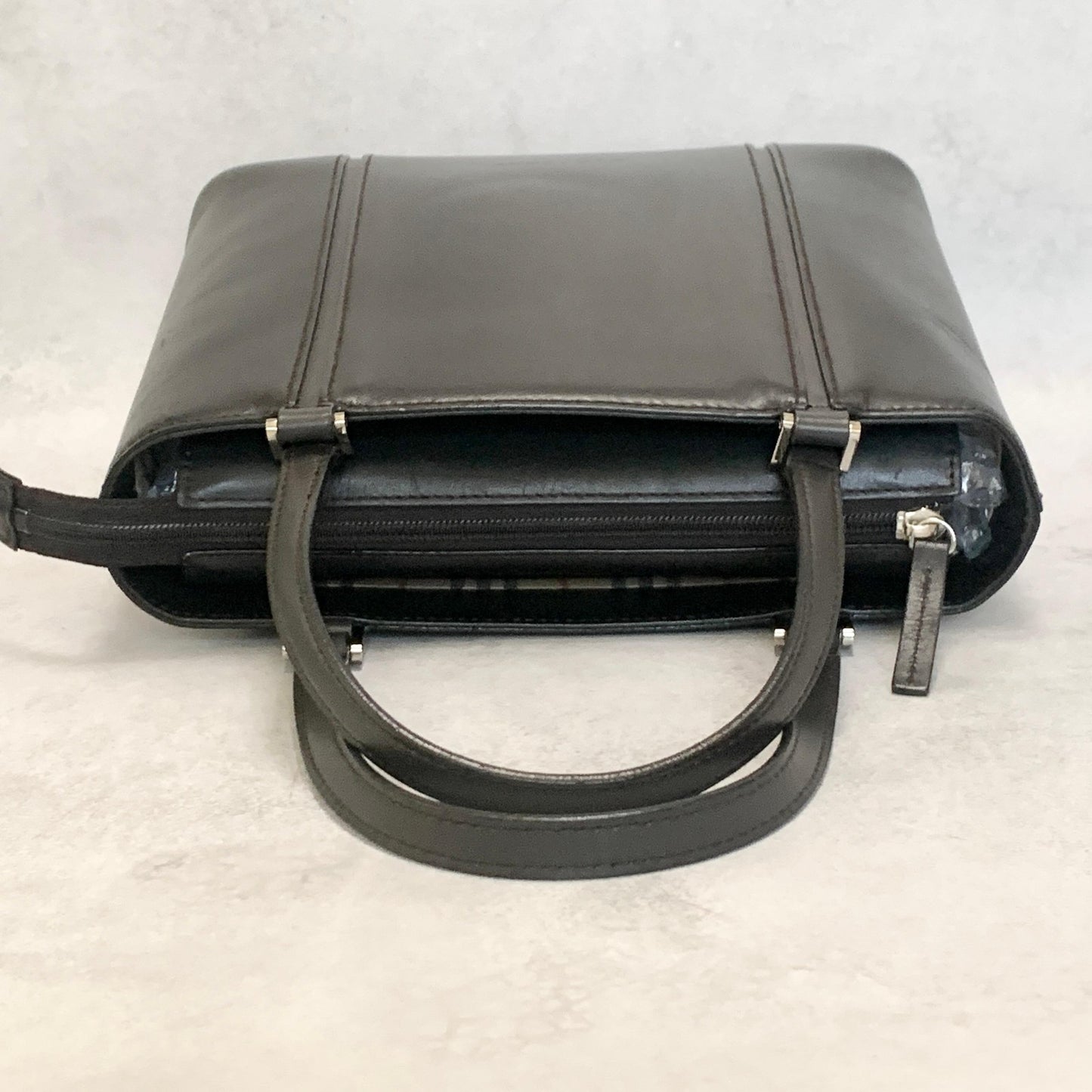 BURBERRY Bag Nova Check Logo Hand Tote Purse Leather Black Silver Authentic