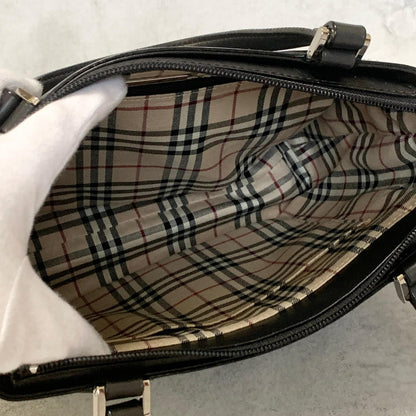 BURBERRY Bag Nova Check Logo Hand Tote Purse Leather Black Silver Authentic