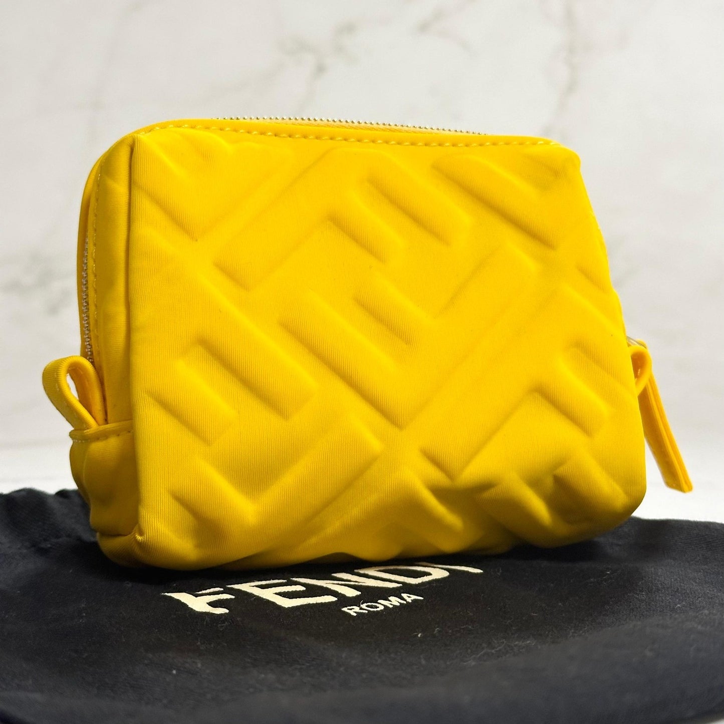 FENDI Cosmetic Pouch Purse FF Embossed Zucca Yellow Authentic