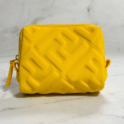FENDI Cosmetic Pouch Purse FF Embossed Zucca Yellow Authentic