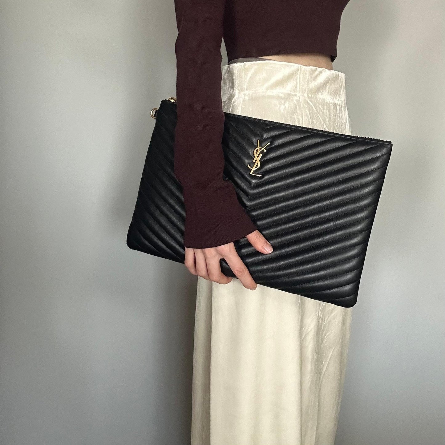 Yves Saint Laurent Clutch Bag YSL Cassandra Quilted Purse Handbag Black Leather