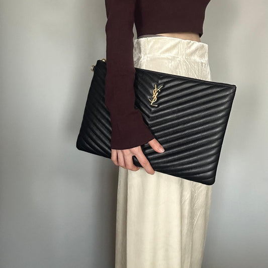 Yves Saint Laurent Clutch Bag YSL Cassandra Quilted Purse Handbag Black Leather