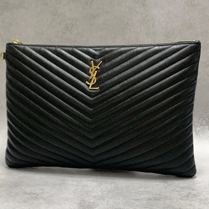 Yves Saint Laurent Clutch Bag YSL Cassandra Quilted Purse Handbag Black Leather