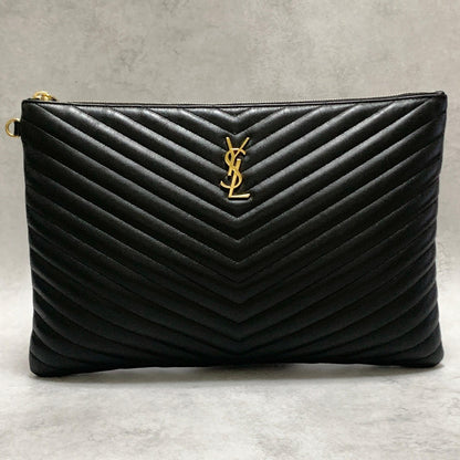 Yves Saint Laurent Clutch Bag YSL Cassandra Quilted Purse Handbag Black Leather