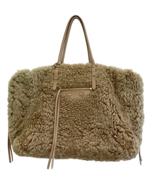 BALENCIAGA Hand Bag Tote Purse PAPER Mouton fur Beige Authentic
