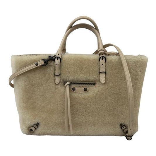 BALENCIAGA Hand Shoulder Bag Tote Purse 2way Paper Mouton Leather Beige Auth