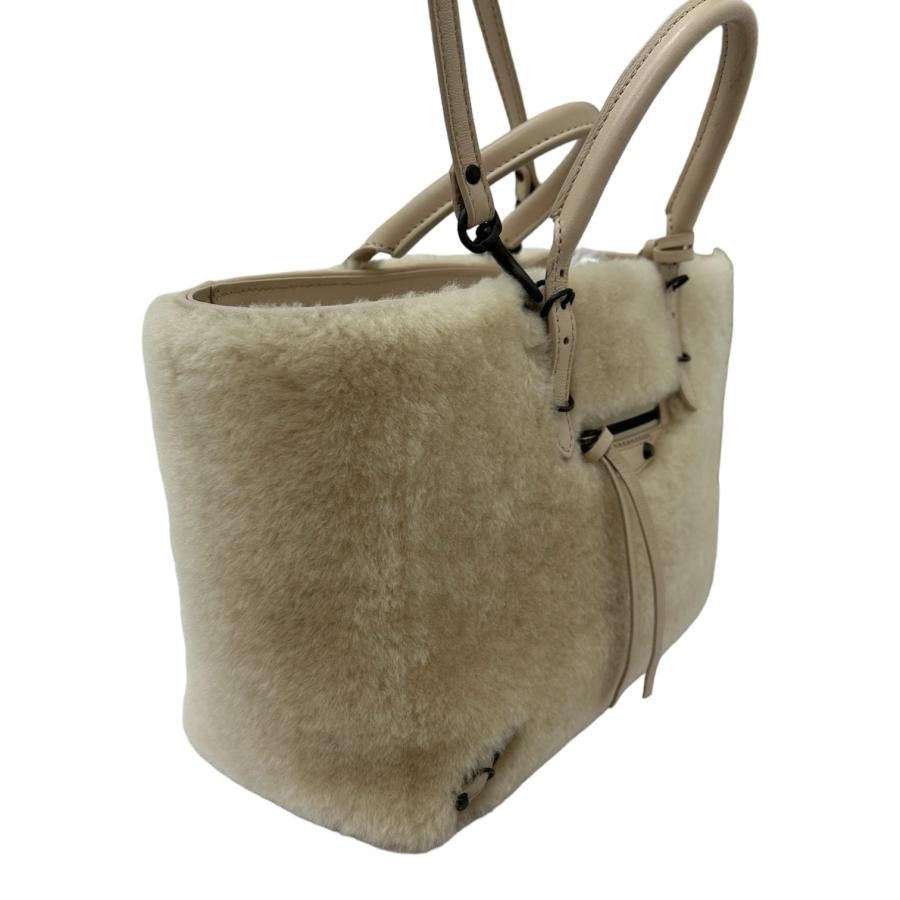 BALENCIAGA Hand Shoulder Bag Tote Purse 2way Paper Mouton Leather Beige Auth