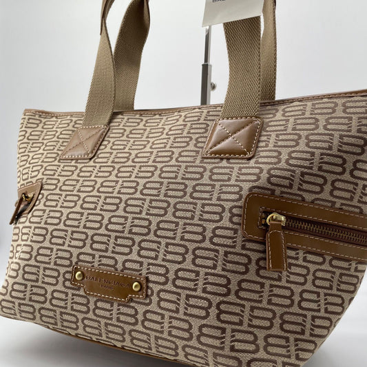 BALENCIAGA Hand Bag Tote Purse BB Canvas Leather Beige Authentic