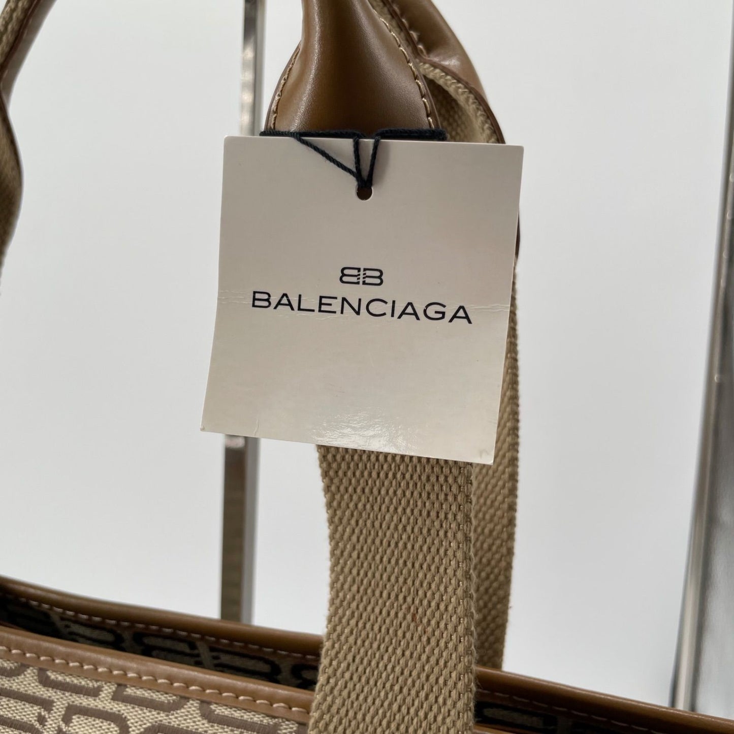 BALENCIAGA Hand Bag Tote Purse BB Canvas Leather Beige Authentic