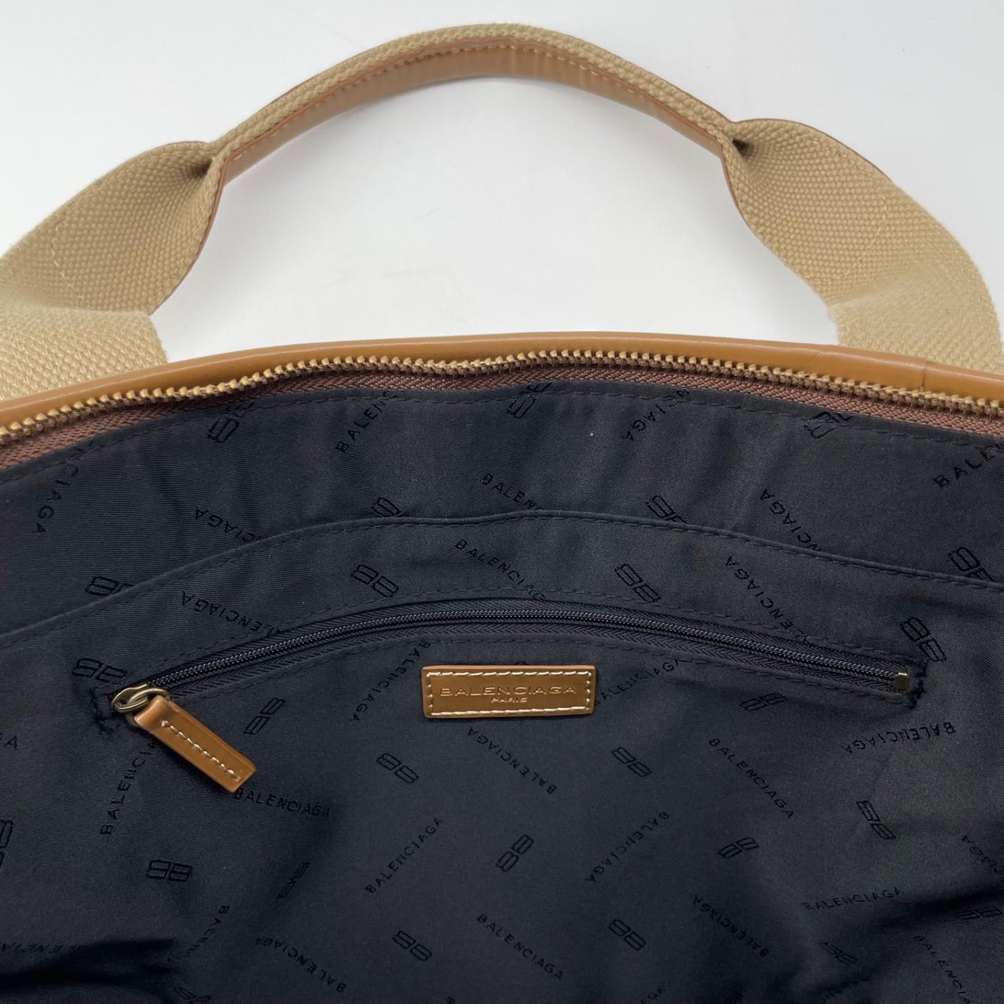 BALENCIAGA Hand Bag Tote Purse BB Canvas Leather Beige Authentic