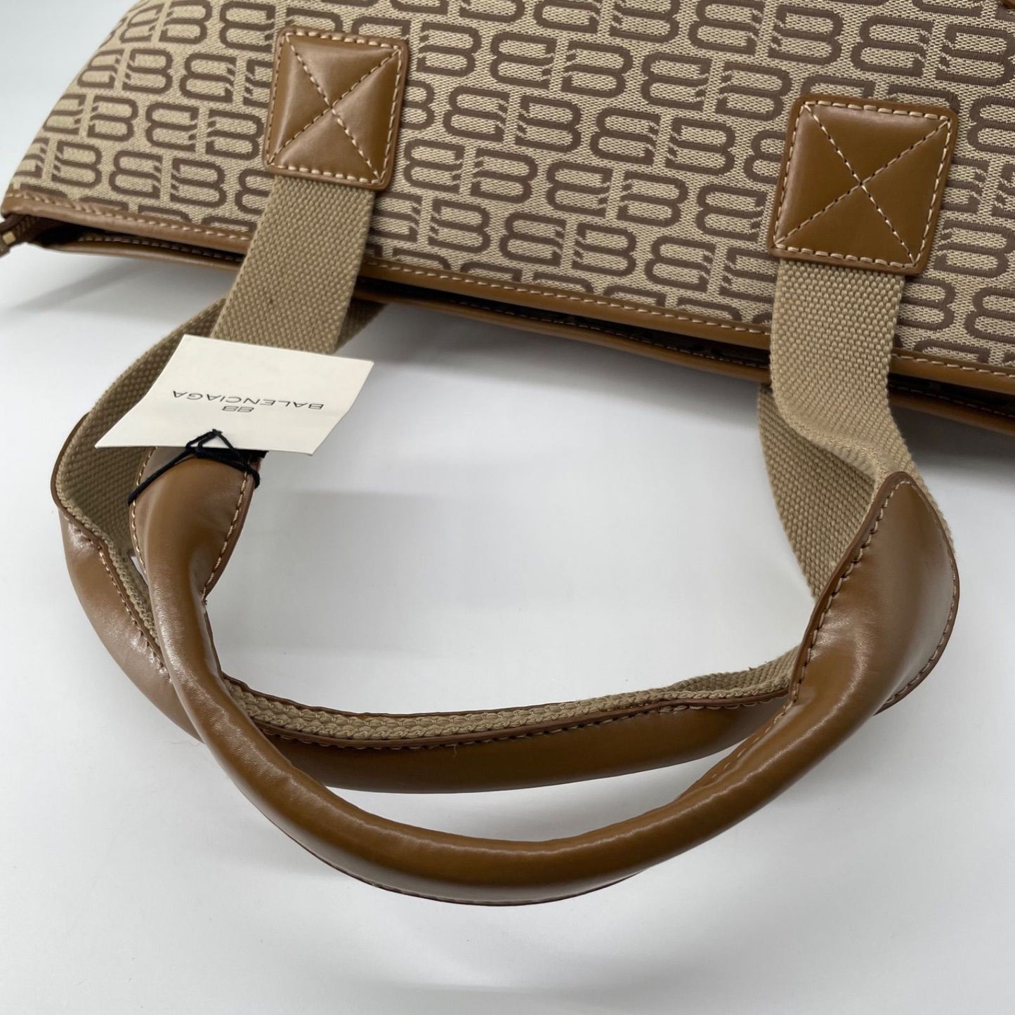 BALENCIAGA Hand Bag Tote Purse BB Canvas Leather Beige Authentic