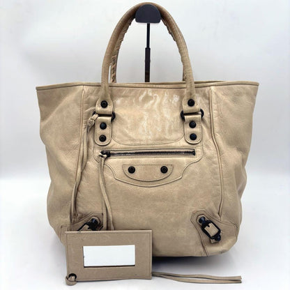BALENCIAGA Hand Bag Tote Purse THE SUNDAY Leather Off White Authentic