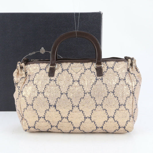 PRADA Boston Hand Bag Tote Purse Logo Leather Gold Authentic