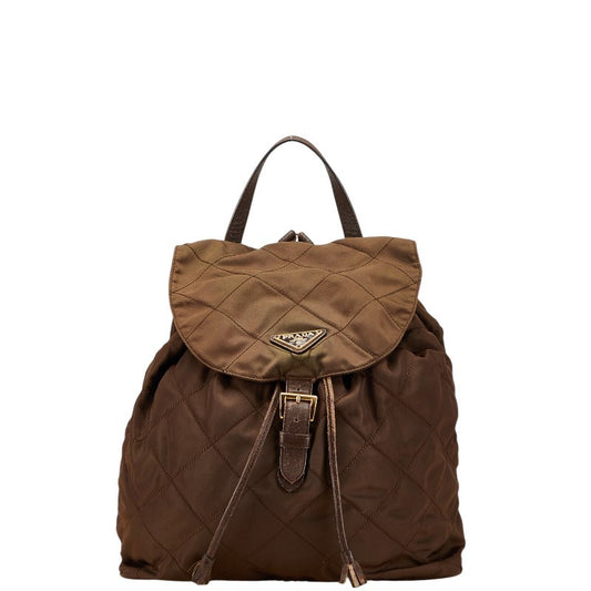 PRADA Backpack Logo Nylon Leather Brown Authentic