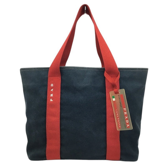 PRADA Hand Bag Tote Purse Denim Canvas Blue Red Authentic