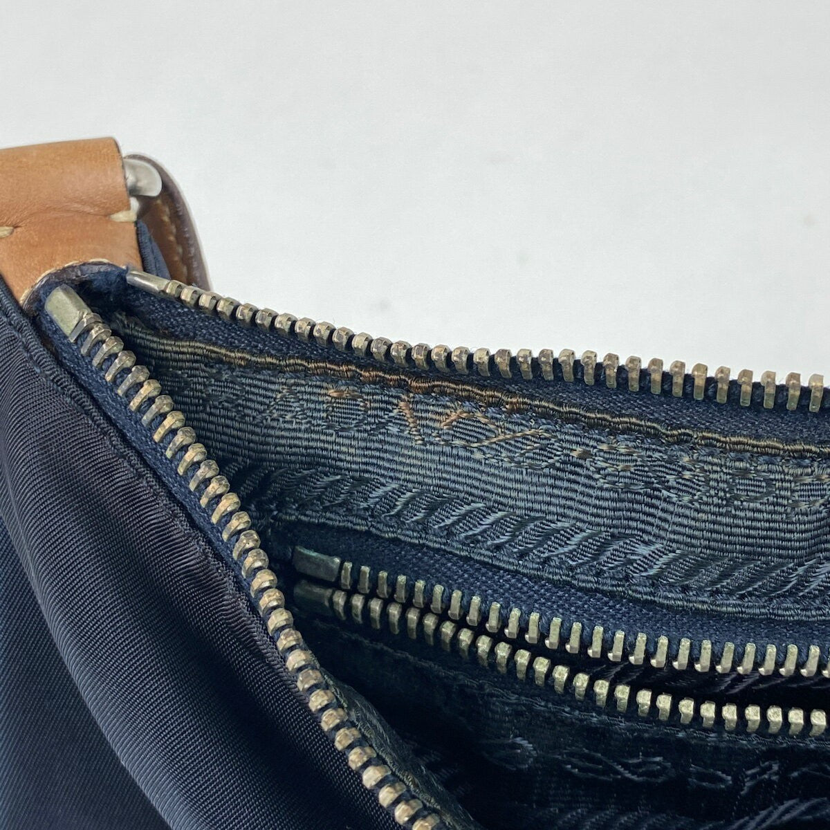 PRADA Shoulder Bag Purse Logo Nylon Leather Navy Brown Authentic