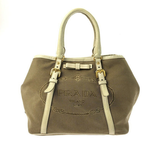 PRADA Hand Bag Tote Purse LOGO JACQUARD Brown Authentic