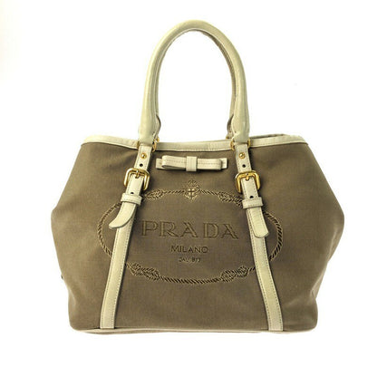 PRADA Hand Bag Tote Purse LOGO JACQUARD Brown Authentic
