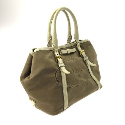 PRADA Hand Bag Tote Purse LOGO JACQUARD Brown Authentic