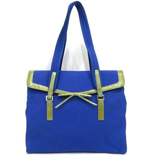PRADA Hand Bag Tote Purse Logo Ribbon Canvas Blue Authentic