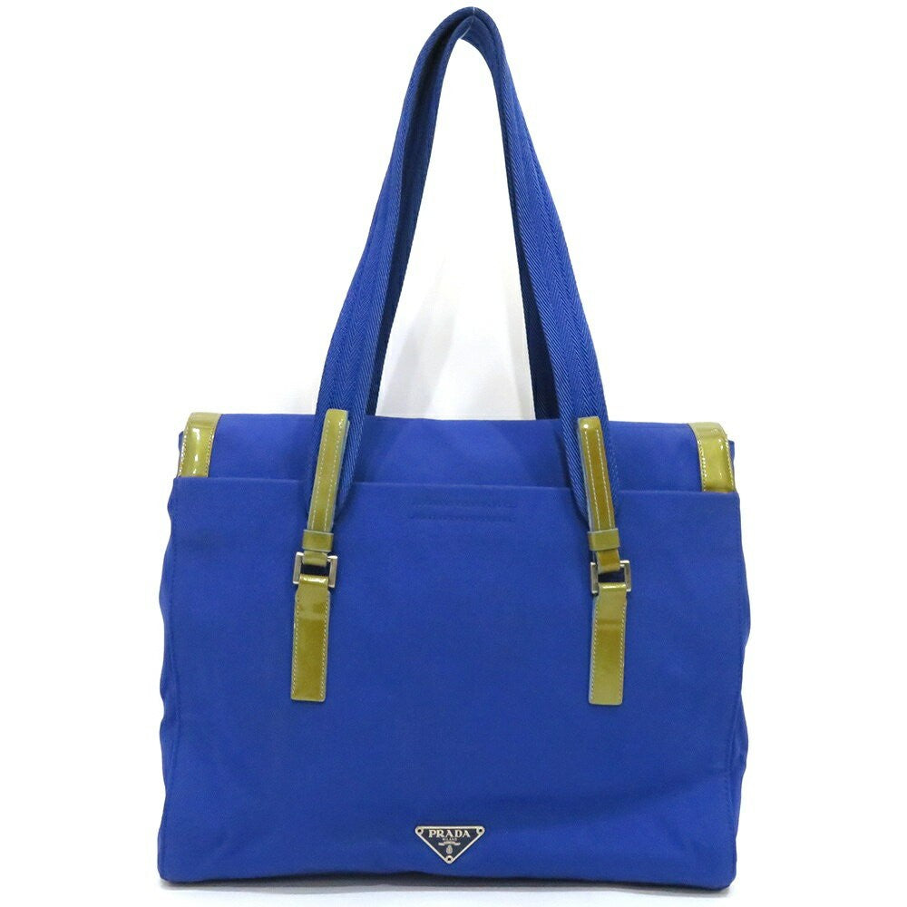 PRADA Hand Bag Tote Purse Logo Ribbon Canvas Blue Authentic