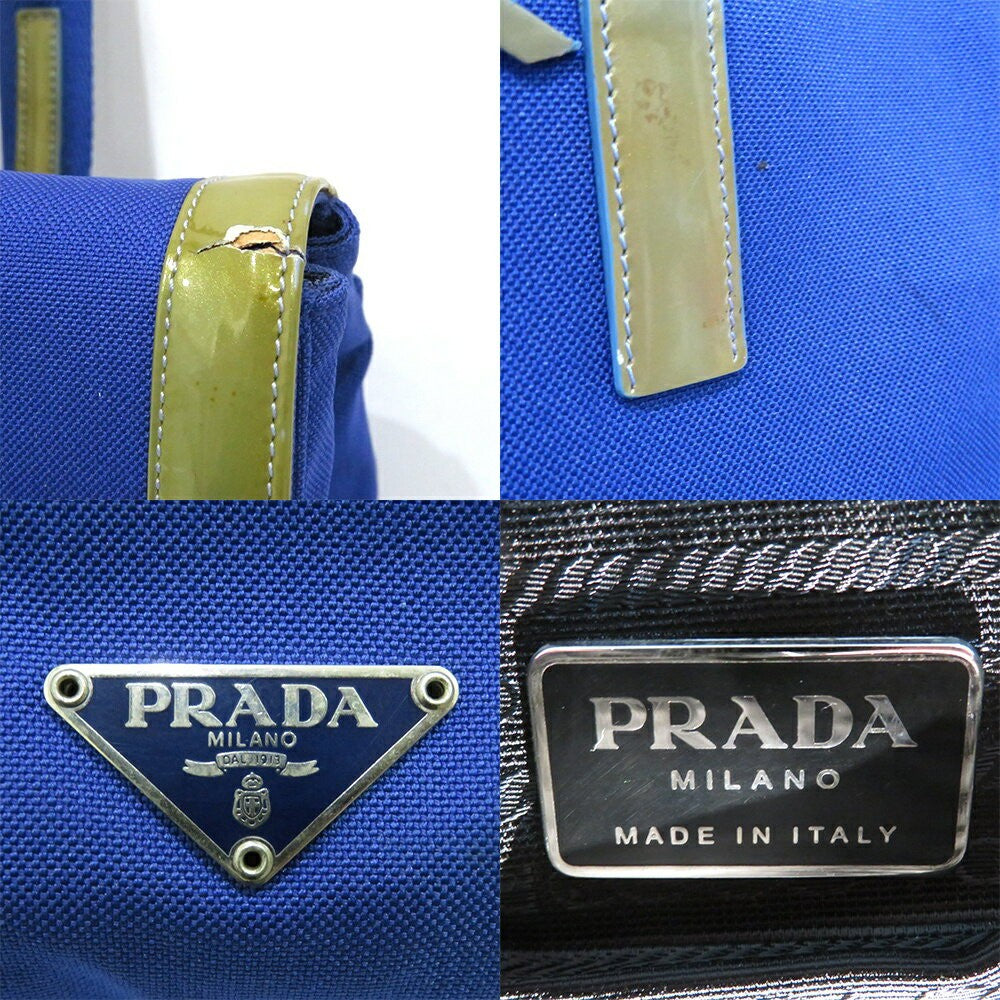 PRADA Hand Bag Tote Purse Logo Ribbon Canvas Blue Authentic