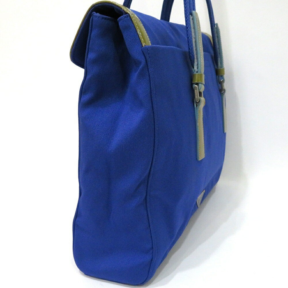 PRADA Hand Bag Tote Purse Logo Ribbon Canvas Blue Authentic