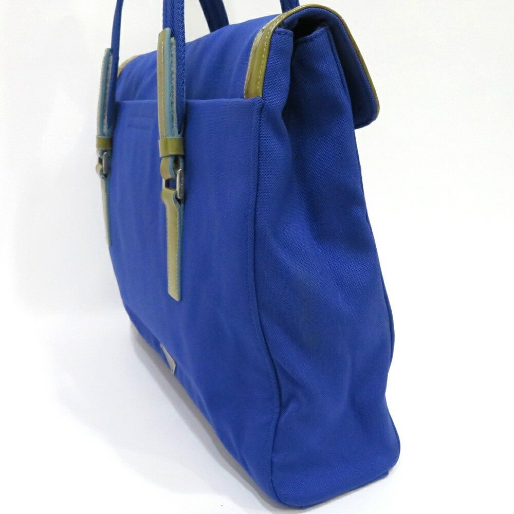 PRADA Hand Bag Tote Purse Logo Ribbon Canvas Blue Authentic