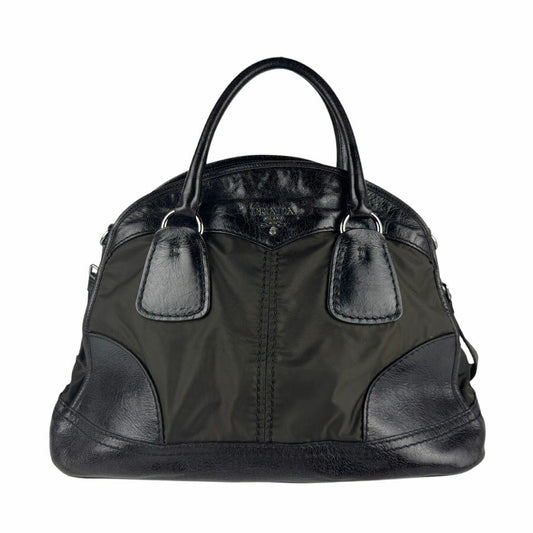 PRADA Hand Bag Tote Purse Nylon Leather Khaki Brown Authentic