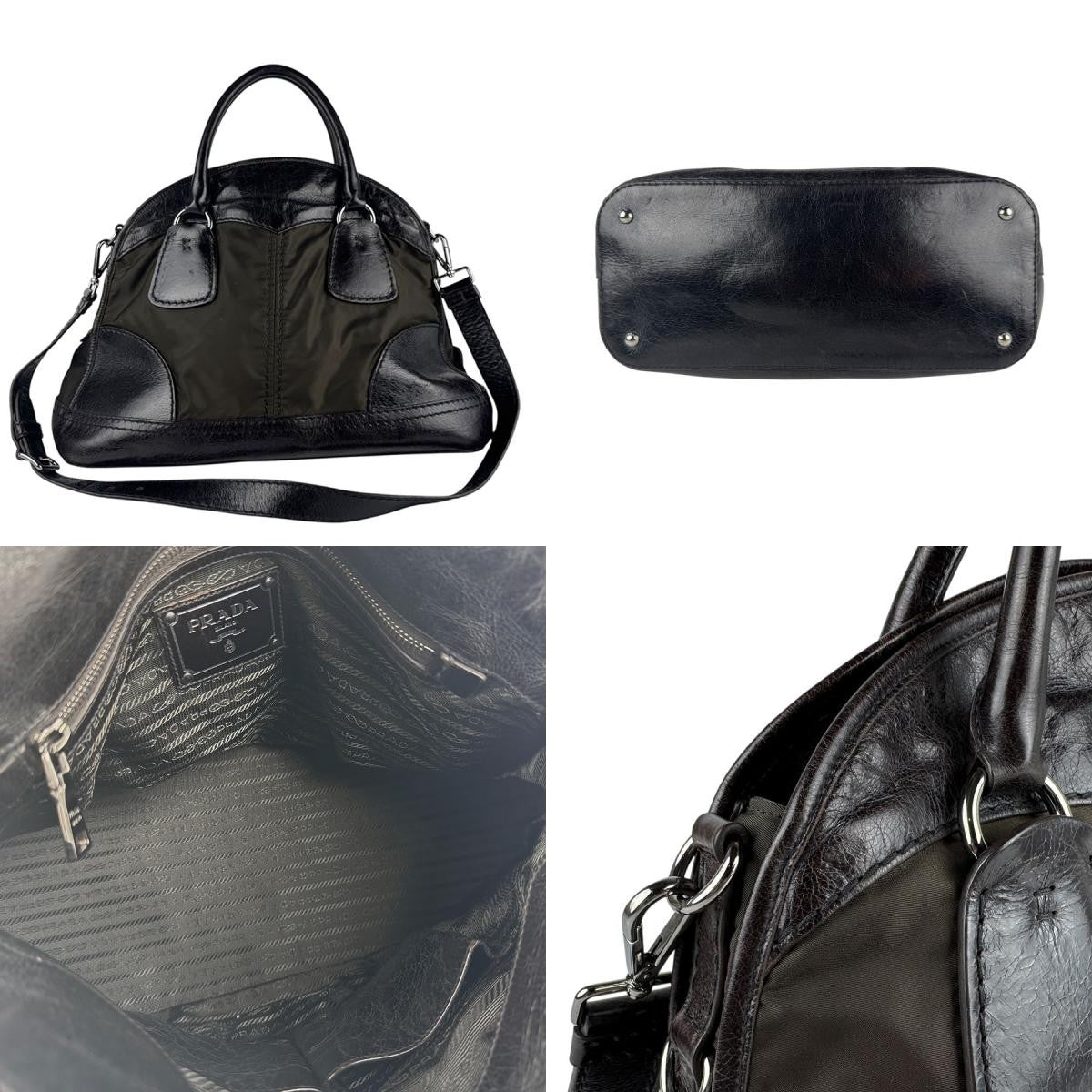 PRADA Hand Bag Tote Purse Nylon Leather Khaki Brown Authentic