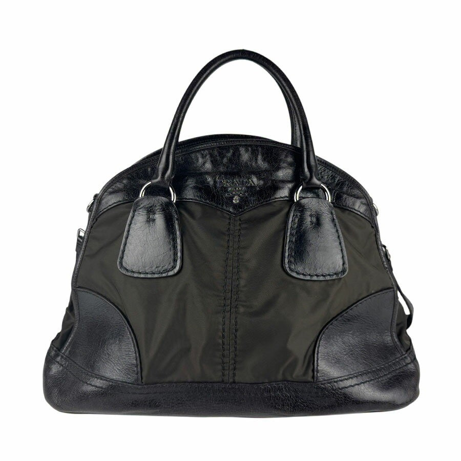 PRADA Hand Bag Tote Purse Nylon Leather Khaki Brown Authentic
