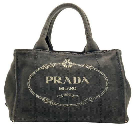 PRADA Hand Bag Tote Purse Canapa Logo Denim Black Authentic