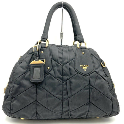 PRADA Hand Bag Tote Purse Quilting Nylon Black Authentic