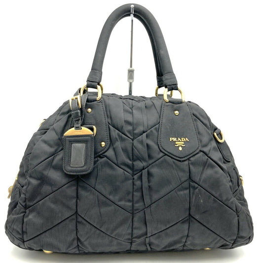 PRADA Hand Bag Tote Purse Quilting Nylon Black Authentic