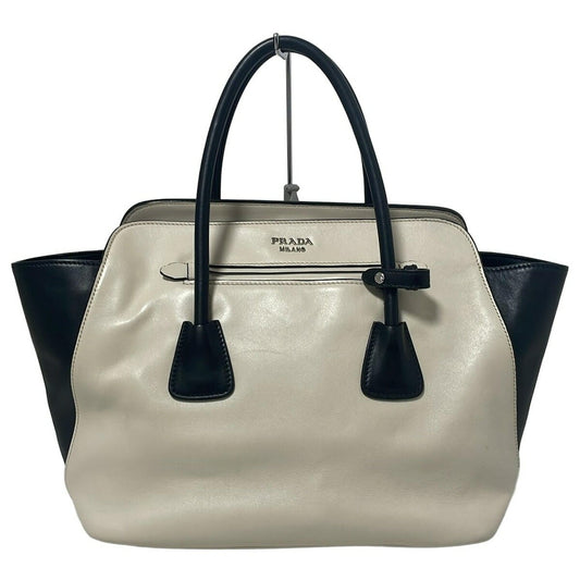 PRADA Hand Bag Tote Purse Leather Off White Black Authentic