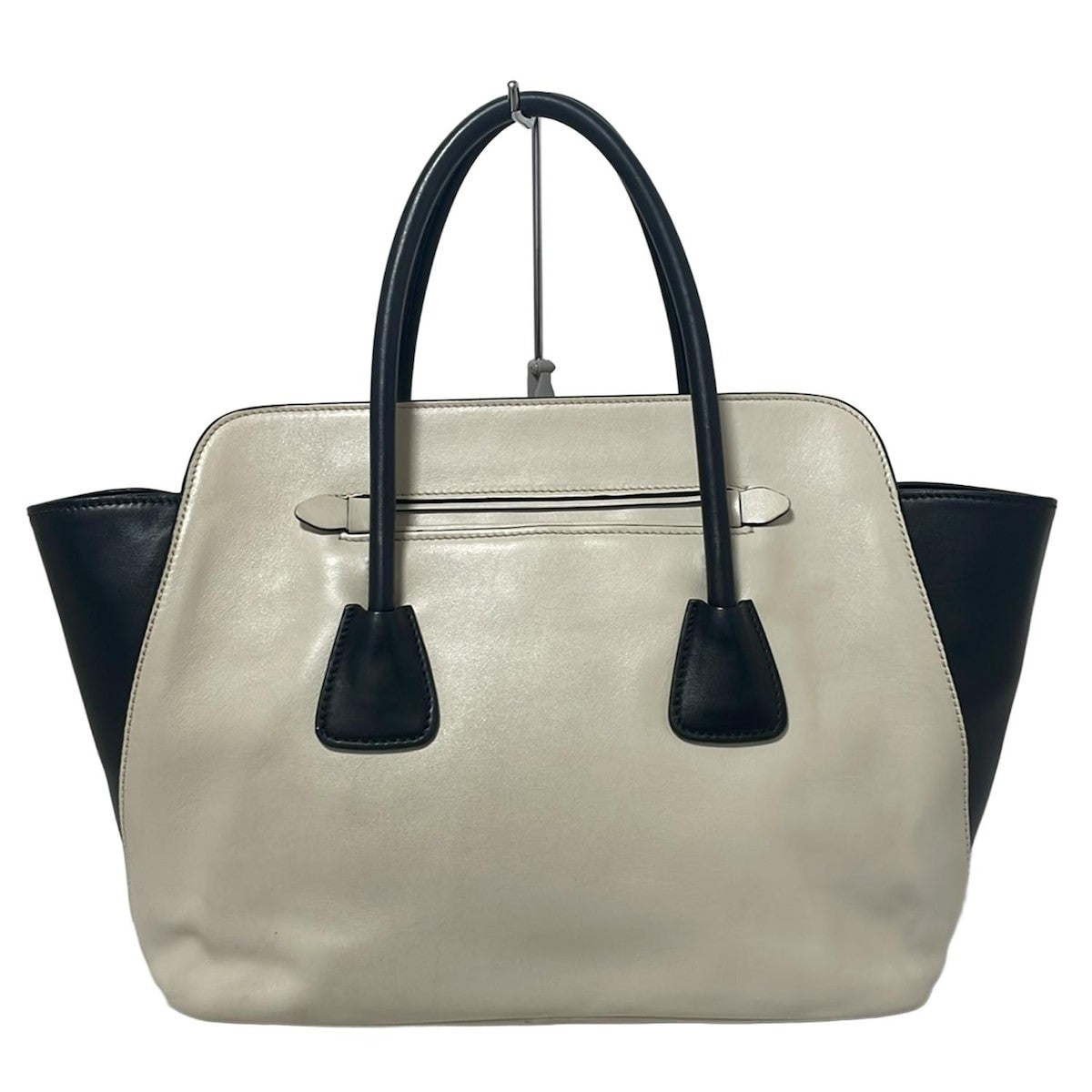 PRADA Hand Bag Tote Purse Leather Off White Black Authentic