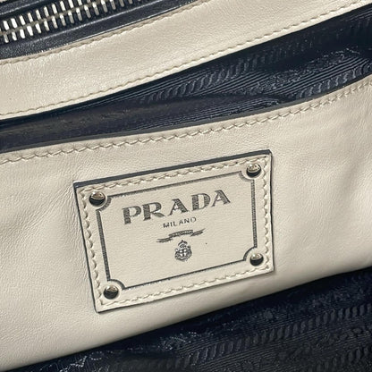 PRADA Hand Bag Tote Purse Leather Off White Black Authentic