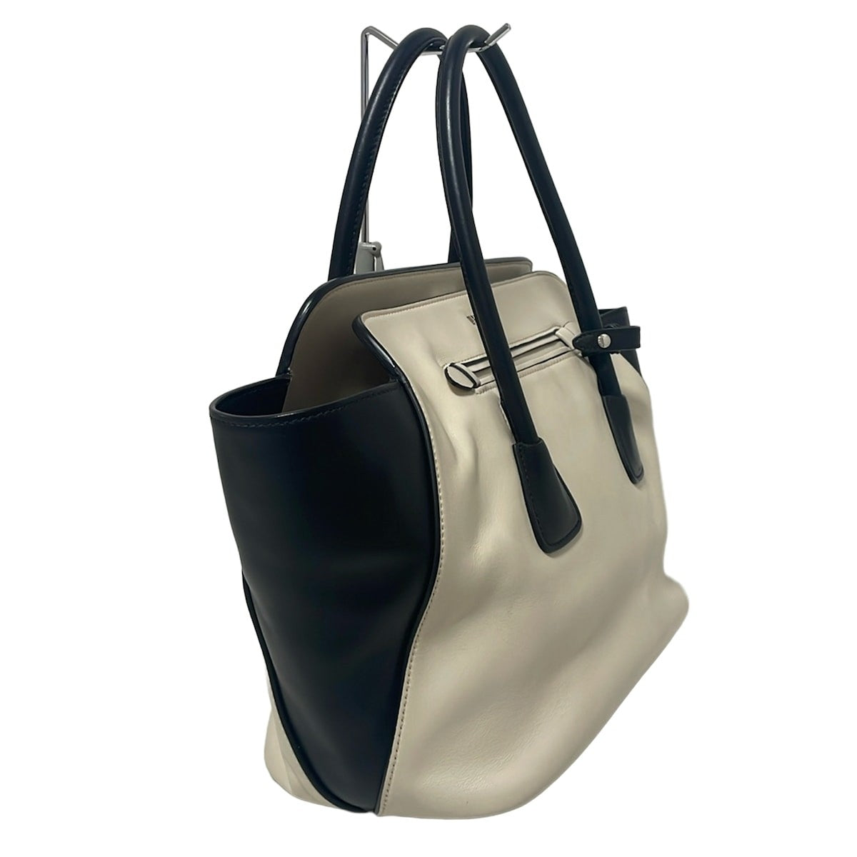 PRADA Hand Bag Tote Purse Leather Off White Black Authentic