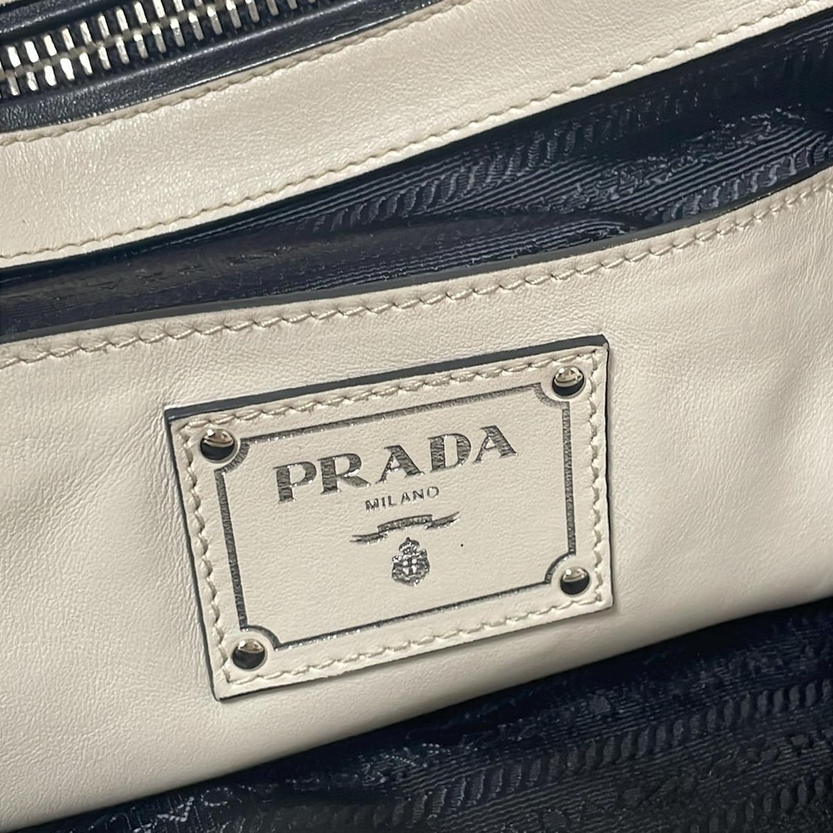 PRADA Hand Bag Tote Purse Leather Off White Black Authentic