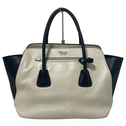 PRADA Hand Bag Tote Purse Leather Off White Black Authentic