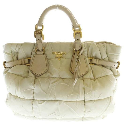 PRADA Hand Bag Tote Purse Quilting Nylon Beige Authentic