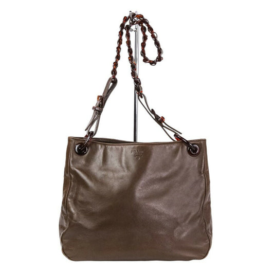PRADA Shoulder Bag Purse Chain Leather Brown Authentic