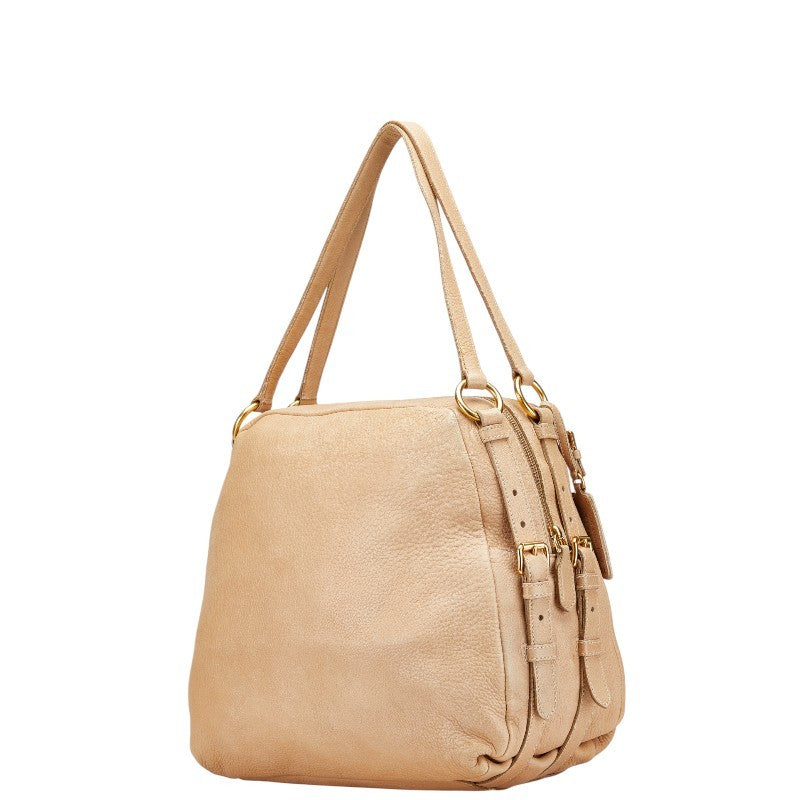 PRADA Hand Shoulder Bag Tote Purse Leather Beige Authentic