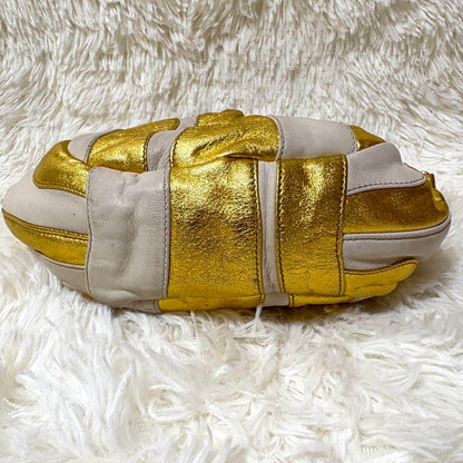 PRADA Hand Bag Tote Purse Leather Gold White Authentic